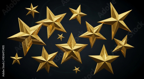 Stunning collection of varying size golden metallic stars floating against a dark elegant background for awards concept