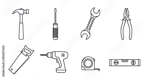 Collection of essential construction and hand tools line icons.
