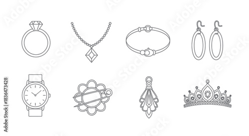 Elegant outline vector icons of luxury fashion jewelry accessories.