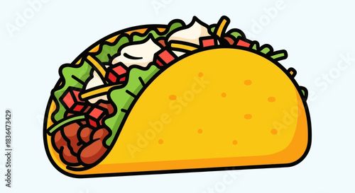 Vibrant flat design illustration of a crispy hard shell taco.