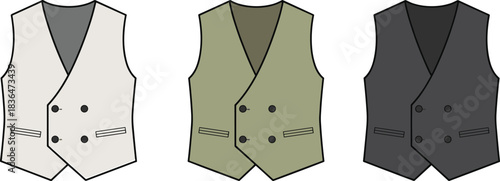 Double-breasted men's vests, white, olive, gray, fashion design, classic style, vector illustration, formal wear, clothing, outfit, apparel