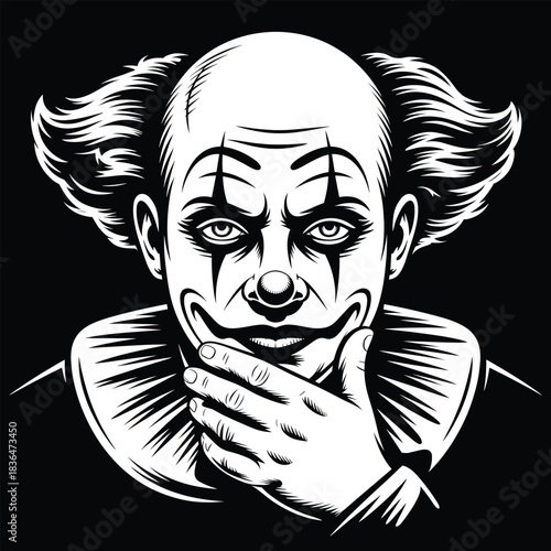Black and white vector illustration of a creepy clown face