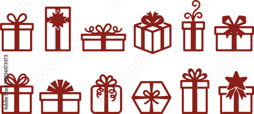 Vector gift box icons holiday graphic showing square bow box, star bow box, ribbon box, layered bow box, curly top box, starburst box, classic bow box, rounded bow box, ribbon ends box, hexagon box