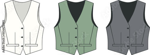 Formal men's vests, white, green, gray, front buttons, fashion design, classic style, isolated, vector illustration, apparel, clothing, outfit