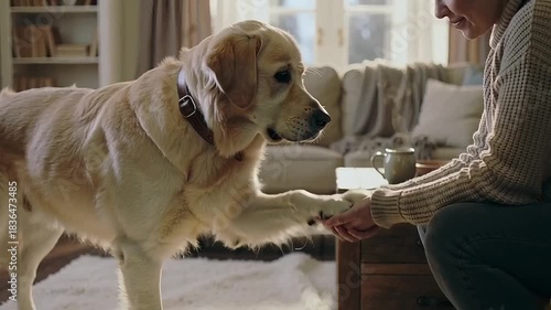 A golden retriever gently places its paw in a woman’s hand