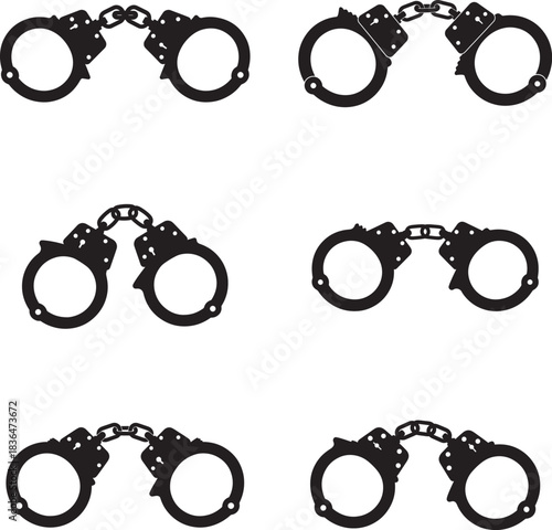 Six pairs of black metal handcuffs isolated on a white background