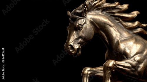 黒い背景に浮かび上がる躍動感のある金色の馬のブロンズ像 generative ai