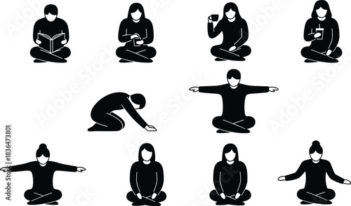 Collection of black and white silhouette figures in various seated and kneeling poses