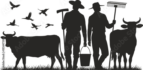 Farmers silhouette, rural life, cow grazing, agricultural work, nature scene, traditional farming, countryside labor, livestock care, birds flying, peaceful landscape