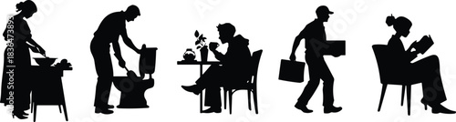 Daily routine, silhouette people, home chores, cleaning tasks, reading time, eating moment, lifestyle activity, housework, casual living, everyday interaction