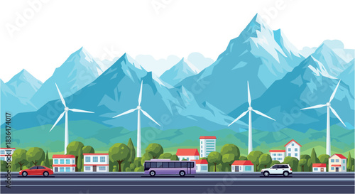 Drive into a sustainable future with vibrant wind turbines towering over a clean, modern city landscape nestled among majestic mountains