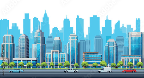 Modern cityscape view with blue sky, vibrant city life and urban transportation creating a dynamic and energetic feel