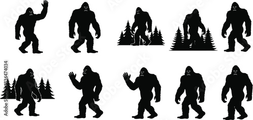 Collection of black Bigfoot silhouettes in various poses and with pine trees Sasquatch