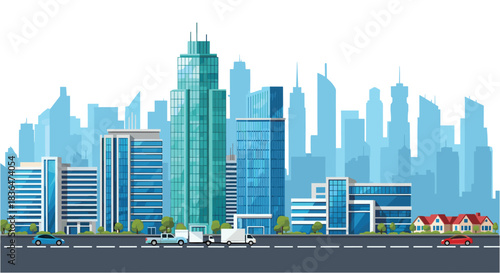 Modern city skyline with vibrant commercial buildings and busy street traffic, perfect urban development design