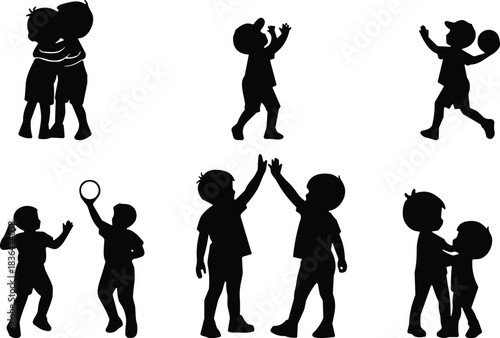 Children playing, silhouette kids, friendship moments, outdoor fun, childhood joy, teamwork, sports activity, emotional bonding, happy interaction, social development, active lifestyle