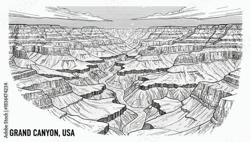 The Grand Canyon sketch layered cliffs, deep red rock formations, and sweeping desert views, forming one of the most iconic natural wonders on Earth