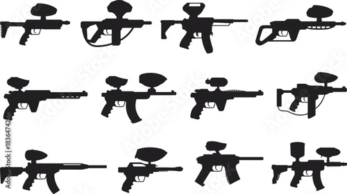 Paintball gun silhouettes, black vector icons, tactical gear, sport weapons, shooting equipment, combat hobby, isolated illustration, graphic design set