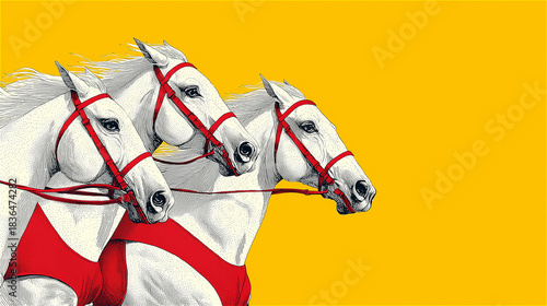 黄色い背景に赤い頭絡をつけた三頭の白馬が並ぶイラストレーション generative ai
