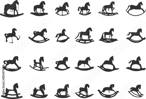 Rocking horse silhouette collection, vintage toy icons, black vector shapes, childhood nostalgia, minimalist design, playful decor, creative illustration set