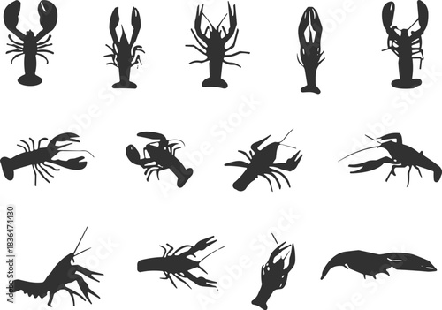 Lobster and crayfish silhouettes, aquatic seafood icons, marine crustacean illustration set, fishing industry elements, ocean animal vector collection, culinary seafood symbols