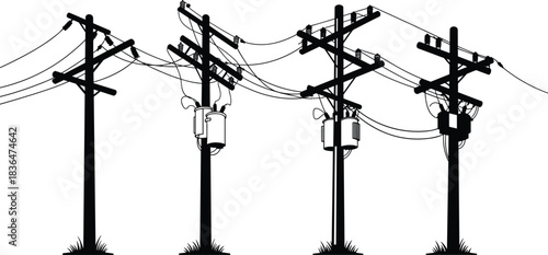Electrical utility poles with transformers and power lines in detailed black silhouette style, illustrating urban energy distribution