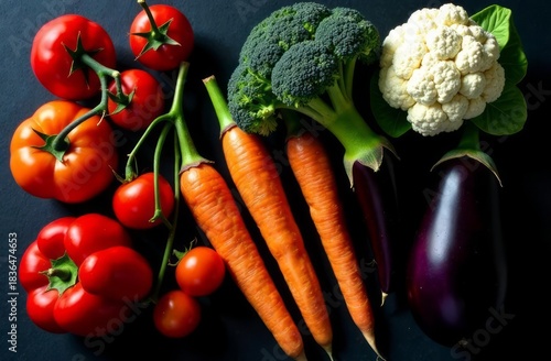 Flatlay of fresh, juicy vegetables: eggplant, pepper, tomato, cabbage, broccoli
