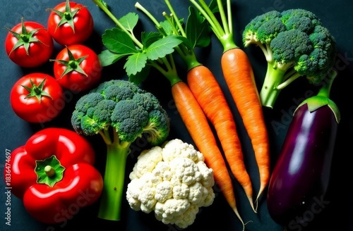 Flatlay of fresh, juicy vegetables: eggplant, pepper, tomato, cabbage, broccoli