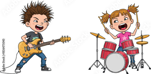 Excited, Energetic Children Playing Electric Guitar and Drums, Forming a Cool Rock Band