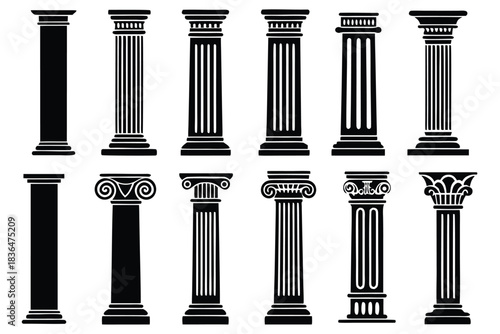 Classic Greek Columns Architectural Design Elements Set for Construction Projects and Decoration, silhouette,Clipart collection ancient columns in outline and silhouette formats
