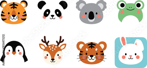 Adorable Safari and Zoo Animal Face Vector Set: Cute Cartoon Heads of a Tiger, Panda, Koala, Frog, Penguin, Deer, and Bunny Perfect for Kids' Stickers and Prints