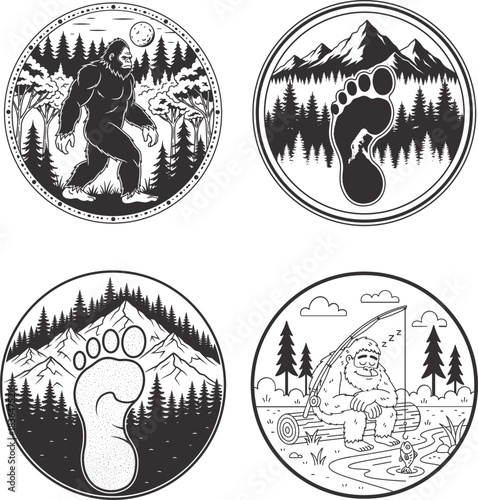 bigfoot footprint mountain forest badge set t shirt design black and white