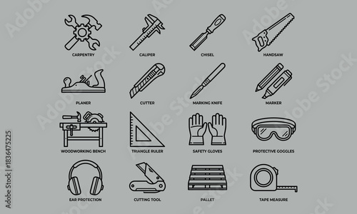 Minimalist wedding ceremony and party planning line icons set including groom, bride, cake, rings, music, and guests isolated