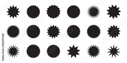 Set of starburst price tags. Round sticker collection with wavy edges, black promo badges, and blank sale labels. Simple flat silhouettes in vintage style, isolated on transparent background.