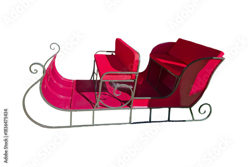 A vibrant red Santa Claus sleigh stands alone against a plain backdrop, ready for holiday celebrations. This cheerful sleigh features two seats, inviting imagination and joy into the festive season.