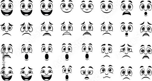 Versatile Black and White Cartoon Face Expressions Vector Set: Wide Range of Emotions Including Joy, Sadness, Anger, Surprise, and Confusion for Animation and Comics