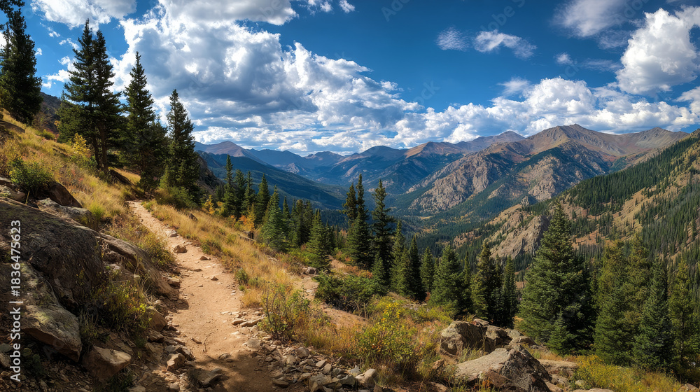 Fototapeta premium “A scenic hiking trail winds through the Colorado Rocky Mountains, surrounded by towering peaks, pine forests, and endless blue sky.”