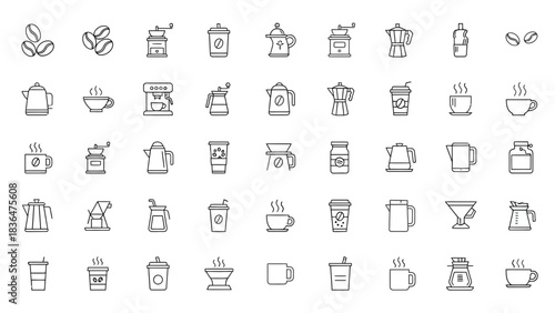 Minimal Coffee Icon Set – Line Art Coffee Tools, Cups, Beans, Barista Equipment Vector Collection