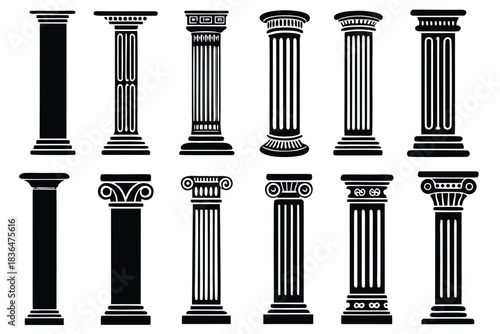 Classic Greek Columns Architectural Design Elements Set for Construction Projects and Decoration, silhouette,Clipart collection ancient columns in outline and silhouette formats