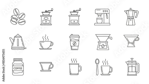 Minimal Coffee Icon Set – Line Art Coffee Tools, Cups, Beans, Barista Equipment Vector Collection