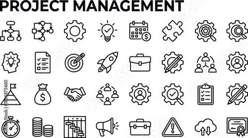 Comprehensive project management icon set featuring workflow symbols, planning tools, teamwork graphics, productivity elements, task organization visuals, and strategic management illustrations
