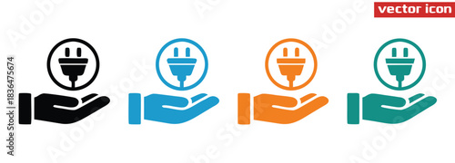 Hand holding power plug icon symbolizing energy solution and connection,Plug icon vector. Electric plug sign, Electric plugs icon symbol set collection
