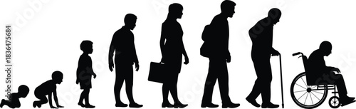 Silhouette of human life stages from crawling baby to elderly wheelchair senior, aging process concept, growth development timeline, generational progression illustration
