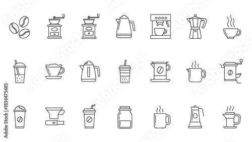 Minimal Coffee Icon Set – Line Art Coffee Tools, Cups, Beans, Barista Equipment Vector Collection