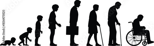 Silhouette of human life progression from crawling baby to elderly wheelchair senior, aging process timeline, growth development stages, generational lifespan illustration