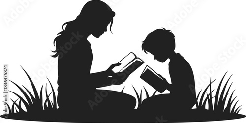 Silhouette of a woman and child reading books outdoors on grass, peaceful education concept, family learning, quiet study time, childhood literacy development