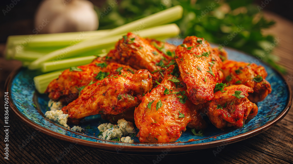 Fototapeta premium “Hot and spicy buffalo chicken wings are served with crisp celery sticks, creating a bold, mouthwatering and classic appetizer presentation.”