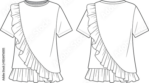 Trendy girls asymmetrical ruffle t-shirt fashion flat sketch, stylish children clothing design front and back view, pleated frill hem details