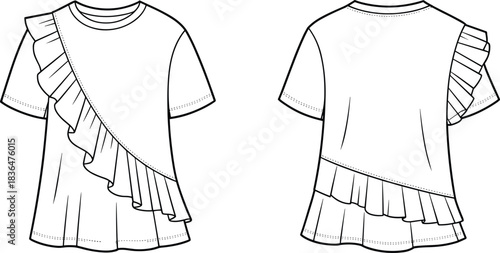 Trendy girls ruffle t-shirt fashion flat sketch, stylish children clothing design front and back view, cute pleated frill details