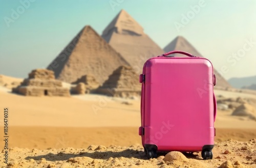 a pink suitcase against the backdrop of the Egyptian pyramids