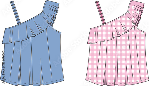 Trendy girls asymmetric ruffle summer tops design, stylish children clothing fashion illustration, cute pleated pattern blouse front view, pastel colors